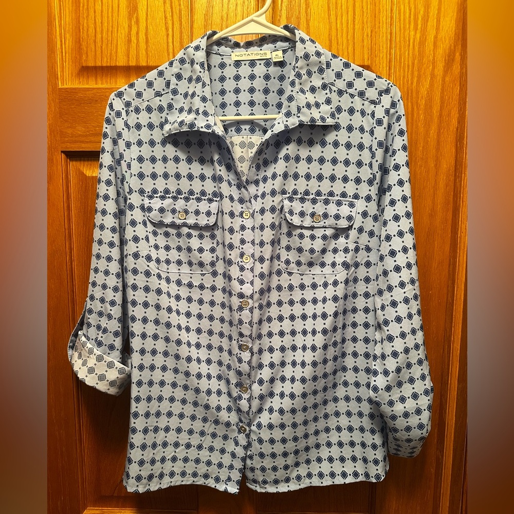 Notations Petite Blue Geometric Button Front Blouse Roll Tap Sleeves Top PL